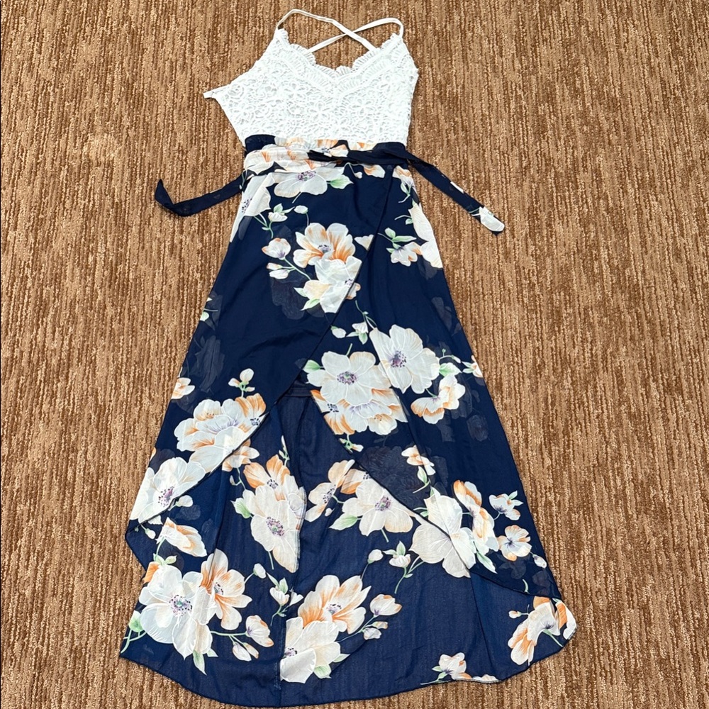 Navy Floral Lace Bodice Swim Coverup